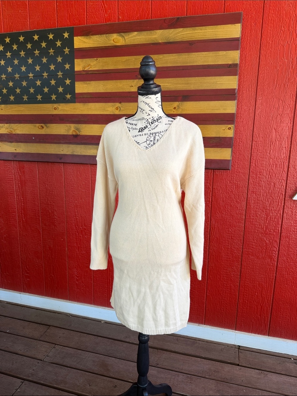 SHEIN Cream Long Sleeve Knit V-Neck Dress - Picture 2 of 3